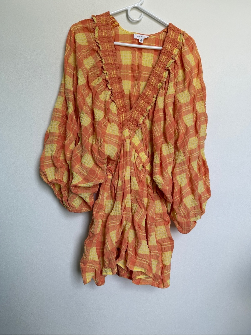 Mable Orange and yellow Summer Plaid Smocked Waist Romper with Balloon Sleeves - Picture 7 of 7